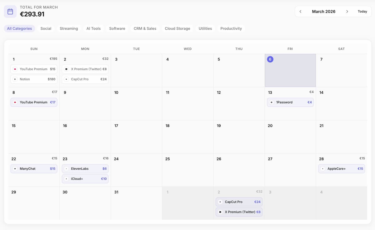 Calendar view showing payment dates