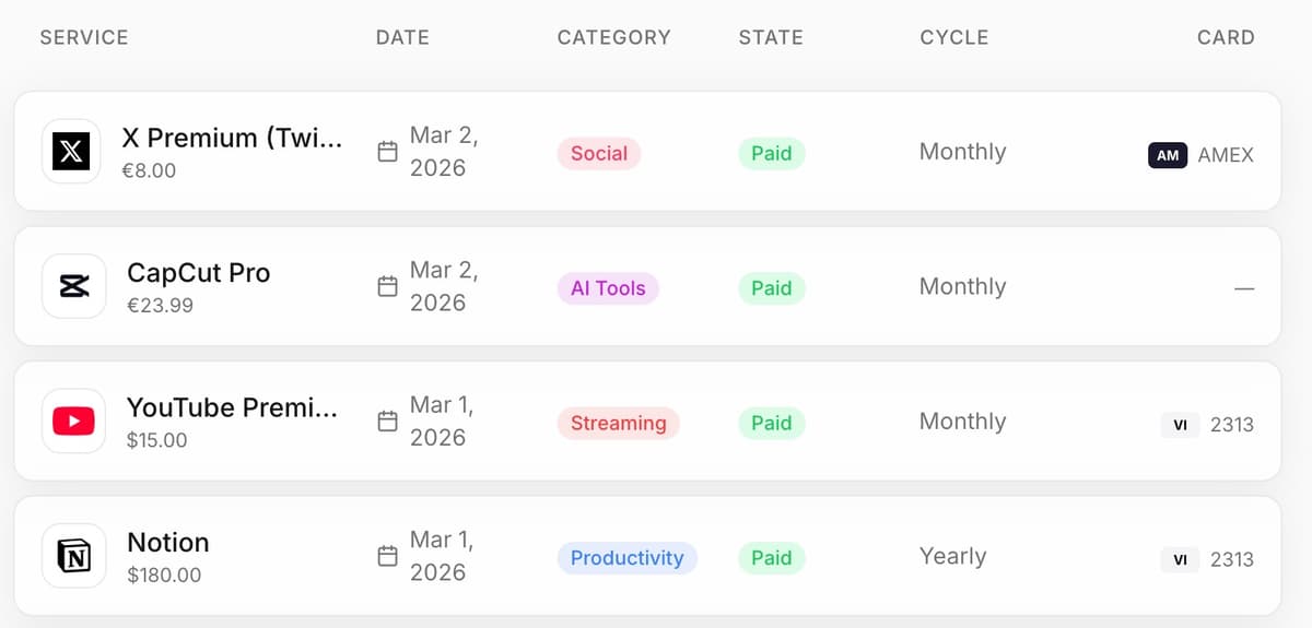 Payment log entries with service, date, category, and card