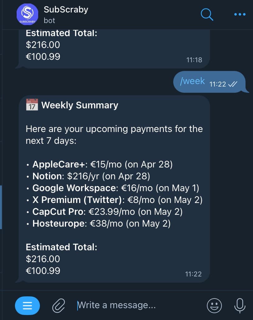 SubScraby Telegram bot showing weekly payment summary