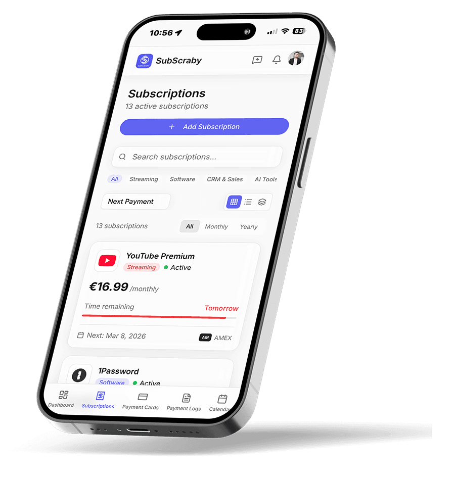 SubScraby mobile app showing subscription management